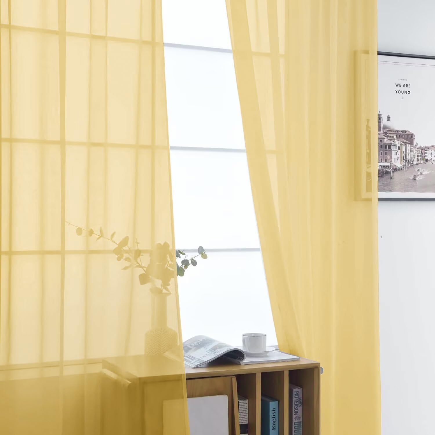SpaceDresser Basic Rod Pocket Sheer Voile Window Curtain Panels Gold 1 Pair 2 Panels 52 Width 84 Inch Long for Kitchen Bedroom Children Living Room Yard（Gold, 52W x 84L）