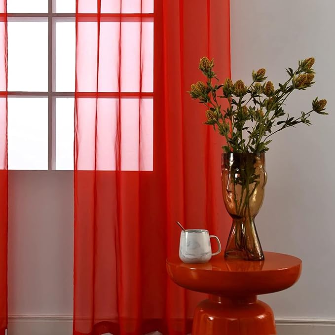 SpaceDresser Sheer Red Curtains 4 Panels Rod Pocket Semi-Sheer Curtain 90 Inches Long Light Filtering Voile Window Drapes for Bedroom Living Room Kitchen, Each 52W x 90L