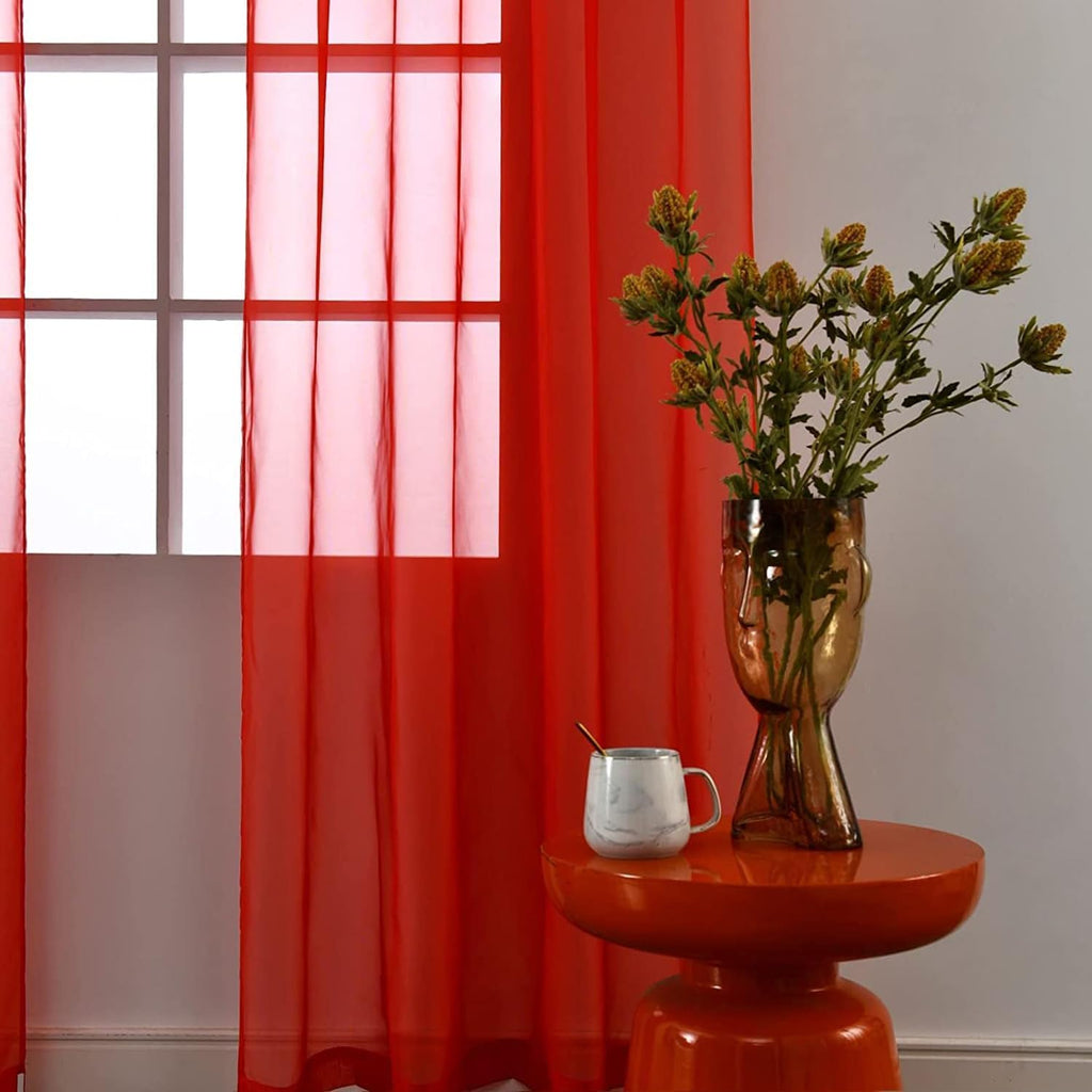 SpaceDresser Sheer Red Curtains 4 Panels Rod Pocket Semi-Sheer Curtain 54 Inches Long Light Filtering Voile Window Drapes for Bedroom Living Room Kitchen, Each 52W x 54L
