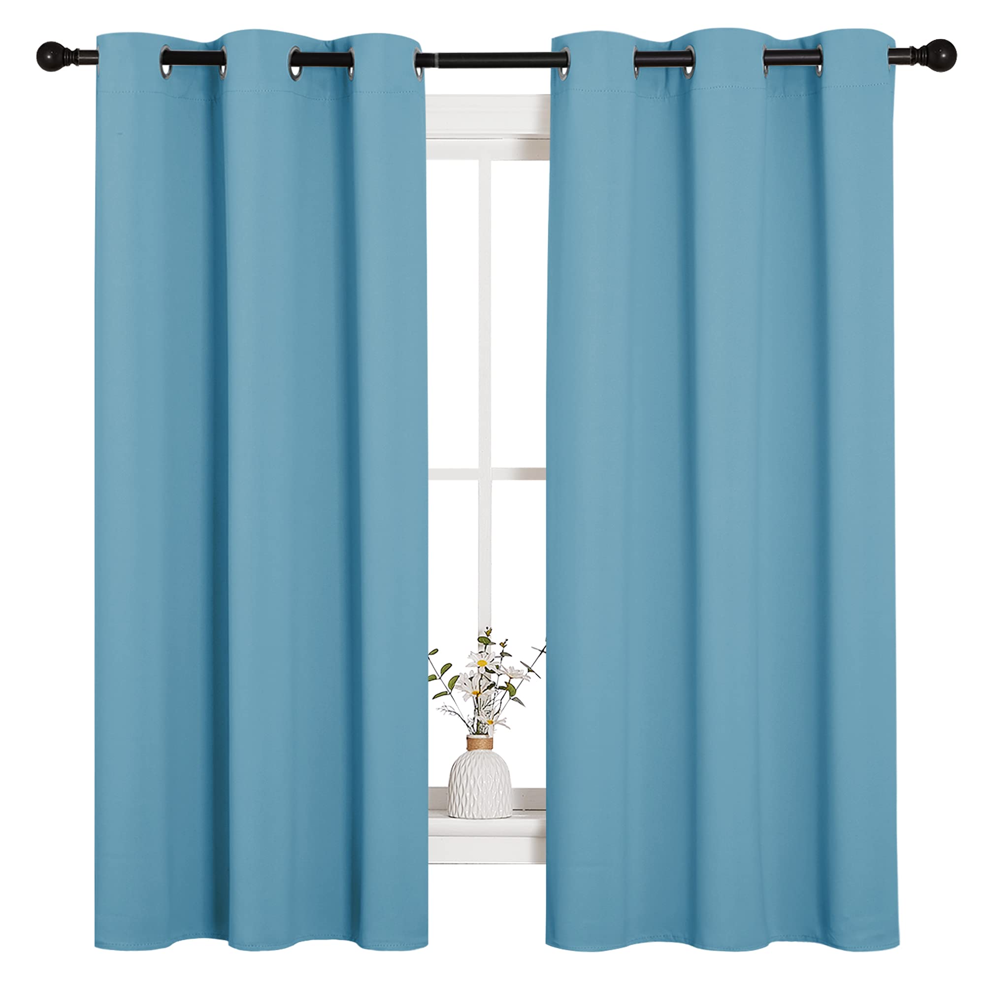 NICETOWN Window Treatment Thermal Insulated Solid Grommet Room Darkening Curtains/Drapes for Bedroom (Set of 2 Panels, 42 by 63 inches Long, Teal Blue=Light Blue)