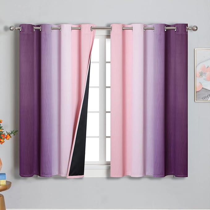 Pink and Purple Ombre Blackout Curtains for Girls Bedroom 54 Inches Long