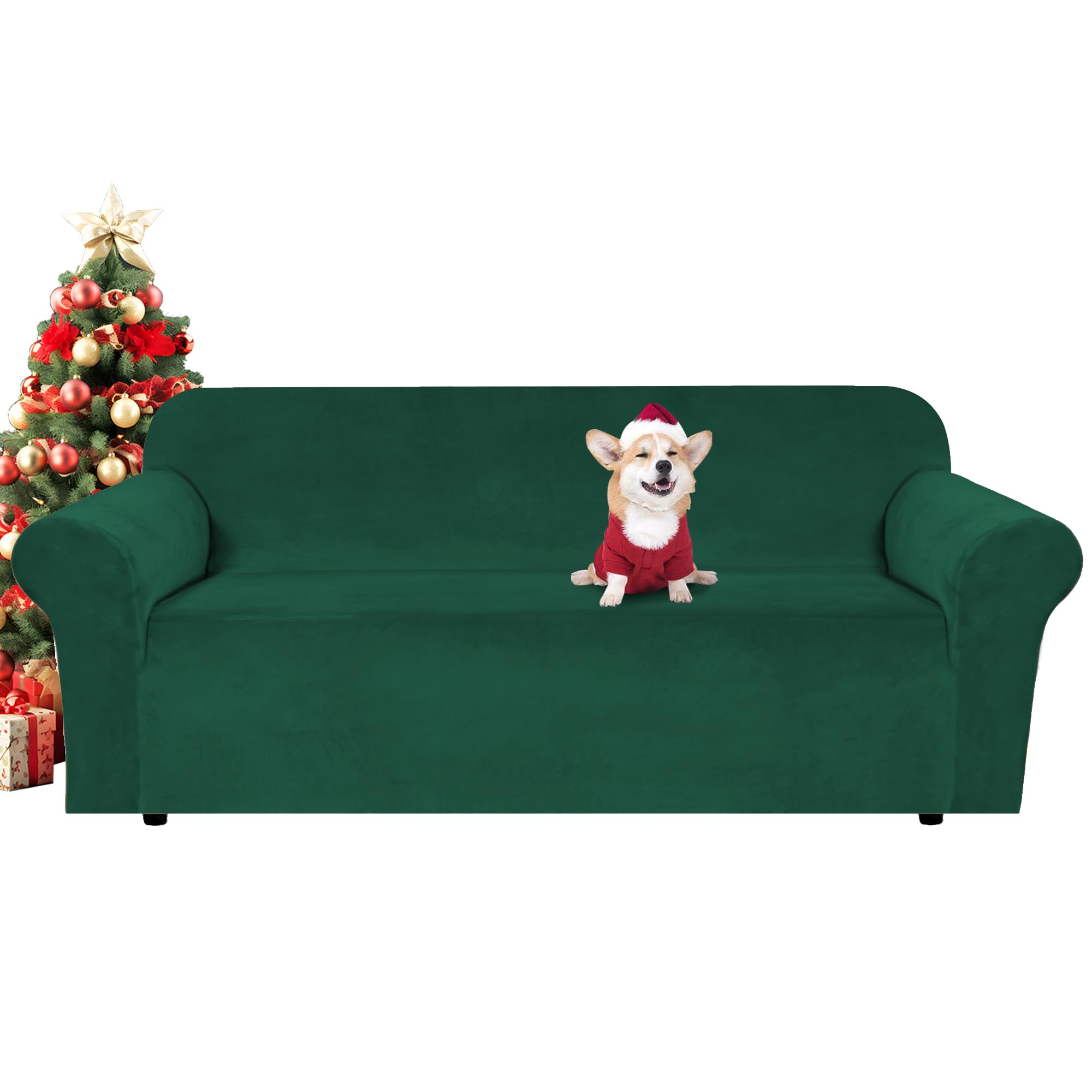 H.VERSAILTEX 1 Peice Stretch Velvet Sofa Covers for 3 Cushion Couch Covers Sofa Slipcovers Furniture Protector Soft, Crafted from Thick Comfy Rich Velour (Sofa 72"-90", Christmas Green)
