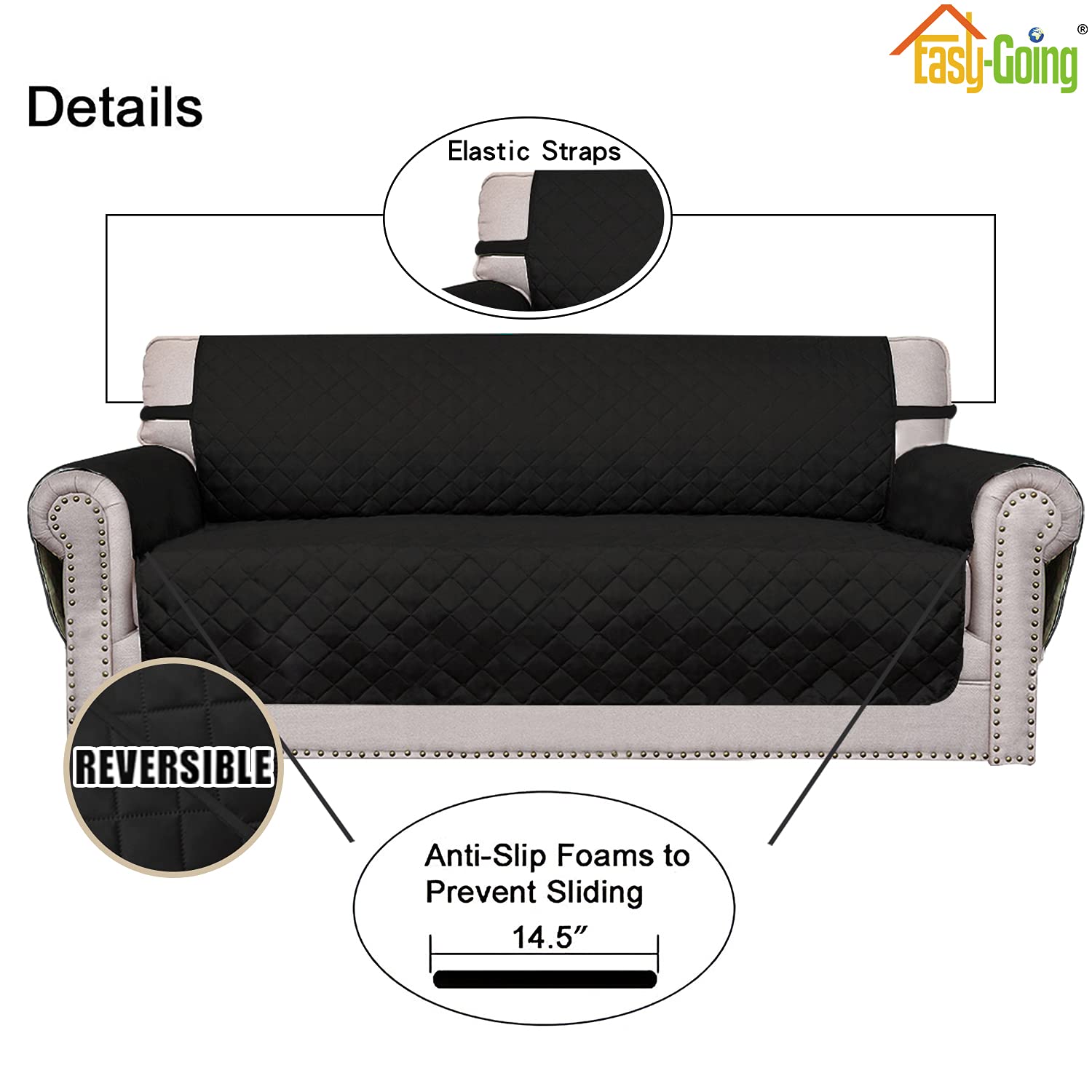 Easy-Going Reversible Couch Cover, 3 Cushion Sofa, Large, Black/Black