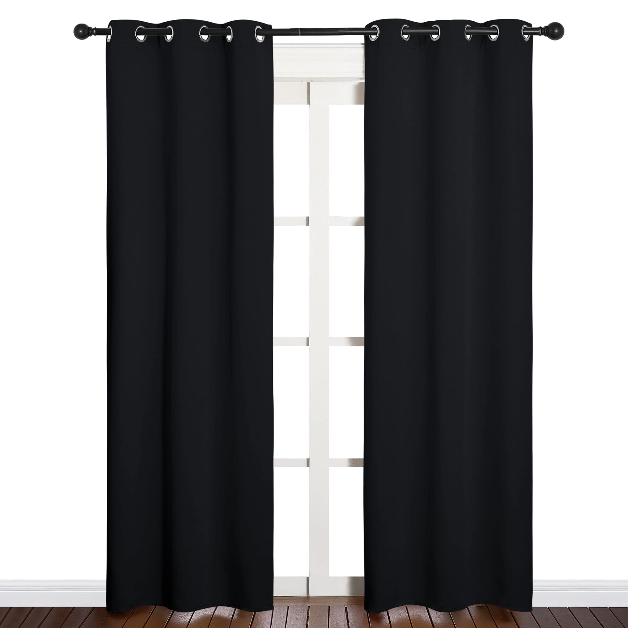 NICETOWN Blackout Draperies Window Curtain Panels, Autumn/Winter Thermal Insulated Solid Grommet Blackout Curtains/Drapes for Cafe (Set of 2, 34 inches by 84 inches, Black)