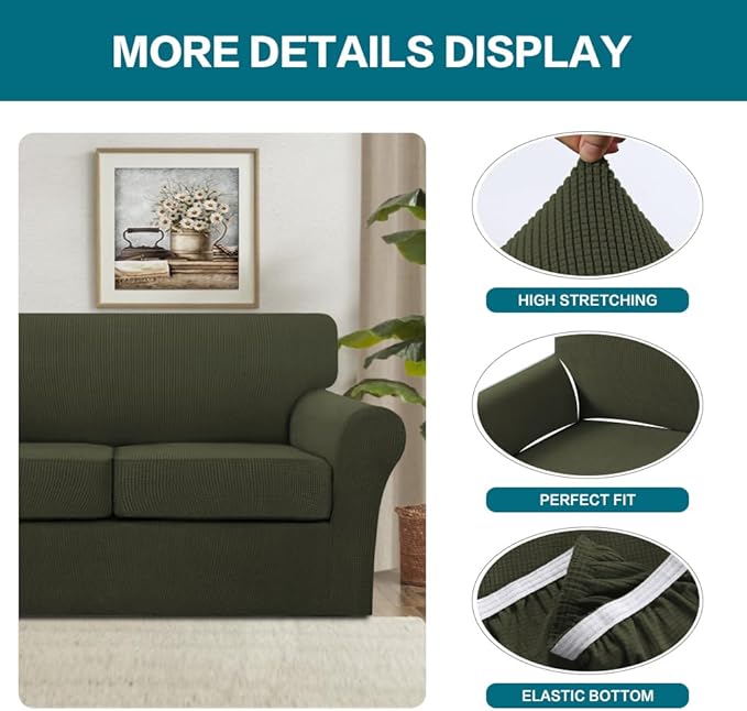 Turquoize 4 Piece Sofa Covers for 3 Cushion Couch Sofa Slipcover Soft Couch Cover for Dogs-Washable Sofa Furniture Cover with 3 Individual Cushion Covers (3 Cushion Sofa, Olive)