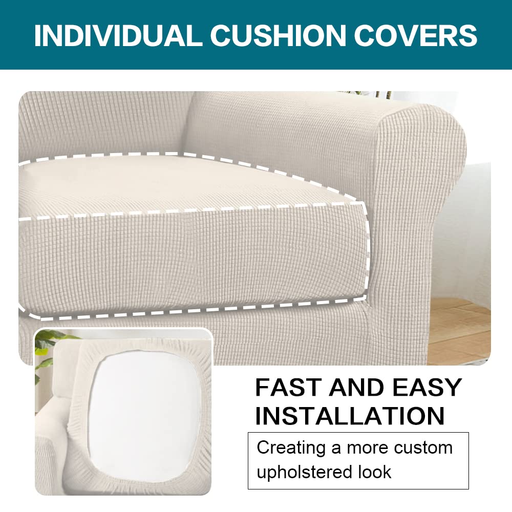 Turquoize 2 Piece Chair Covers for Living Room Armchair Couch Cover with Individual Cushion Covers Furniture Cover for Chairs Feature Jacquard Fabric (Chair, Ivory)