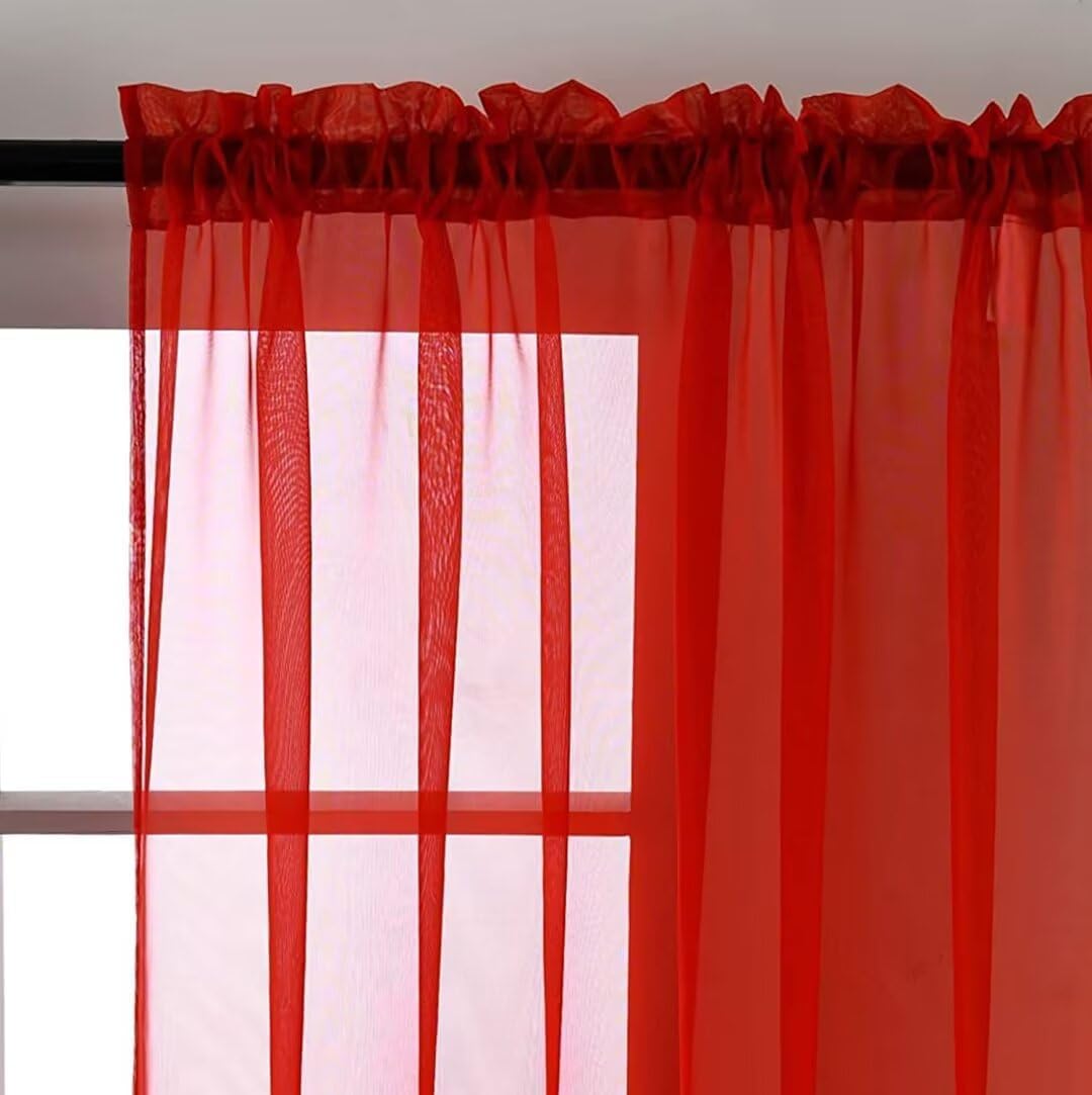 SpaceDresser Sheer Red Curtains 4 Panels Rod Pocket Semi-Sheer Curtain 54 Inches Long Light Filtering Voile Window Drapes for Bedroom Living Room Kitchen, Each 52W x 54L