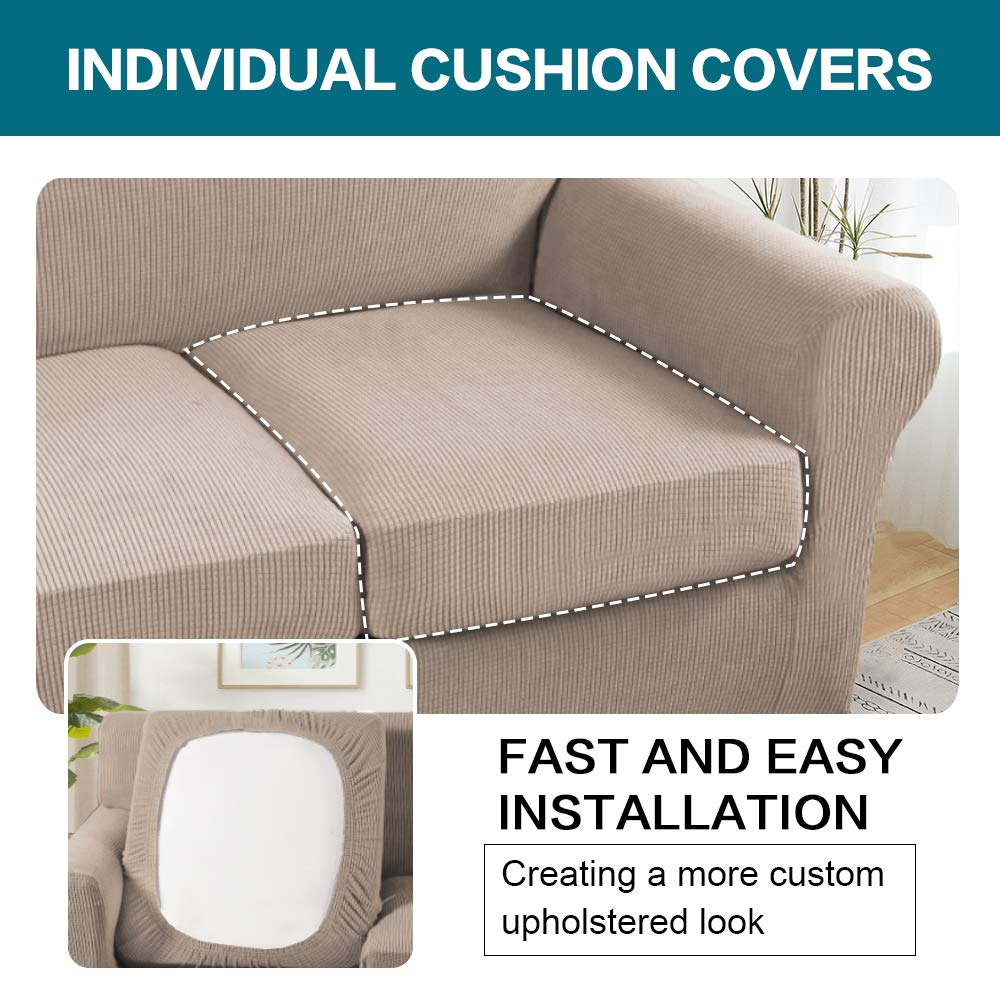 Turquoize 4 Piece Sofa Slipcover Sofa Covers for 3 Cushion Couch Soft Couch Cover for Dogs-Washable Sofa Furniture Covers with 3 Individual Cushion Covers,Feature Jacquard Fabric(3 Cushion Sofa, Sand)