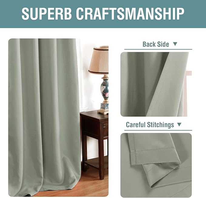H.VERSAILTEX Blackout Curtain for Living Room Small Window Kitchen Blackout Curtains 45 inch Length Energy Saving Solid Grommet Blackout Drape, One Panel, Light Sage, 52" W x 45" L