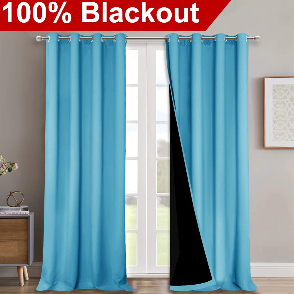NICETOWN 100% Blackout Blinds, Set of 2, 46" x 96", Teal Blue, Laundry Room Decor Window Treatment Curtains for Large Patio Sliding Door, Thermal Insulated Curtains for Bedroom