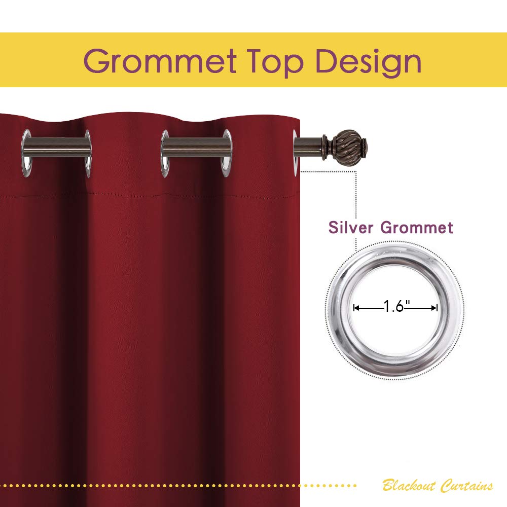 NICETOWN Christmas Burgundy Bedroom Curtains Blackout Draperies, Home Decorations Thermal Insulated Solid Grommet Top Blackout Drapes for Cafe (One Pair, 70 x 72-inch)