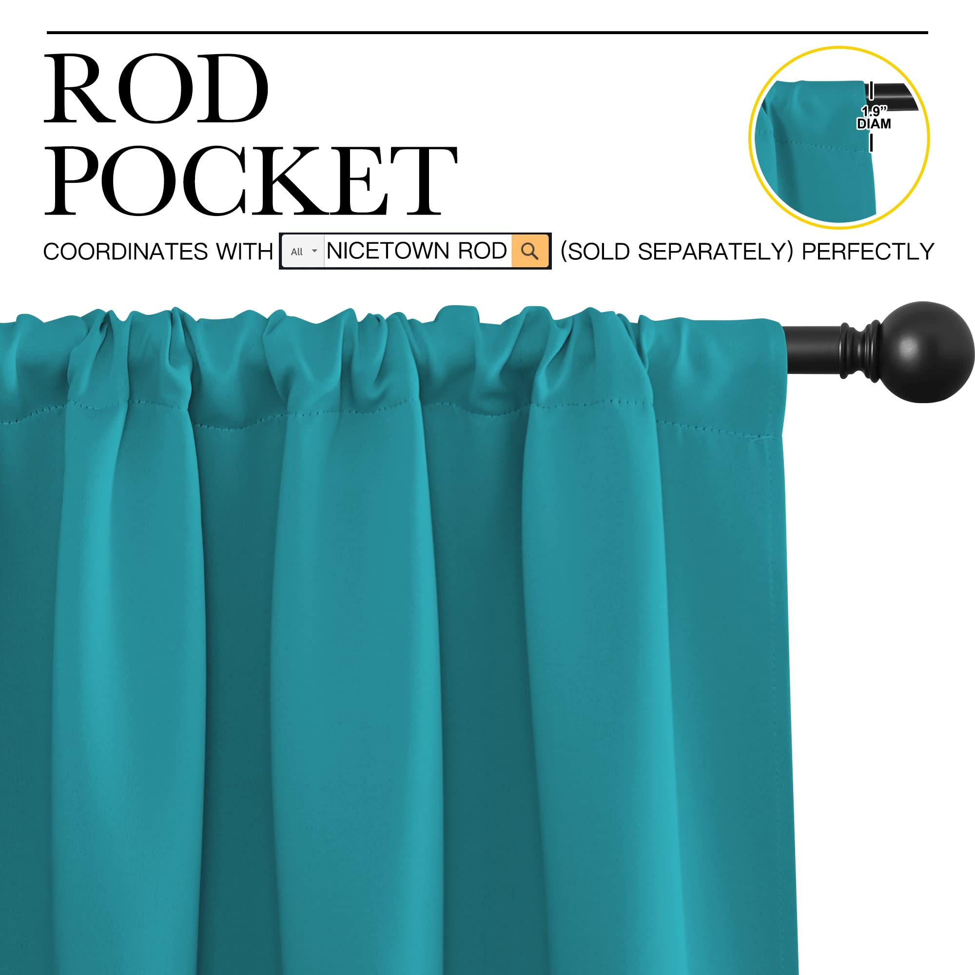 NICETOWN Peacock Blue Blackout Curtains Panels for Window, Thermal Insulated Rod Pocket Blackout Drapes/Draperies for Living Room (2 Panels, W52 x L95 inches)
