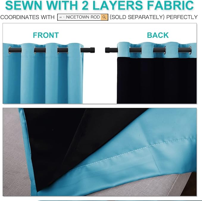 NICETOWN Full Shade Curtain Panels 72 inches Long, Pair of Energy Smart & Noise Blocking Out Blackout Drapes for Guest Room Window, Thermal Insulated Lined Window Dressing(Light Blue, 52 inch)