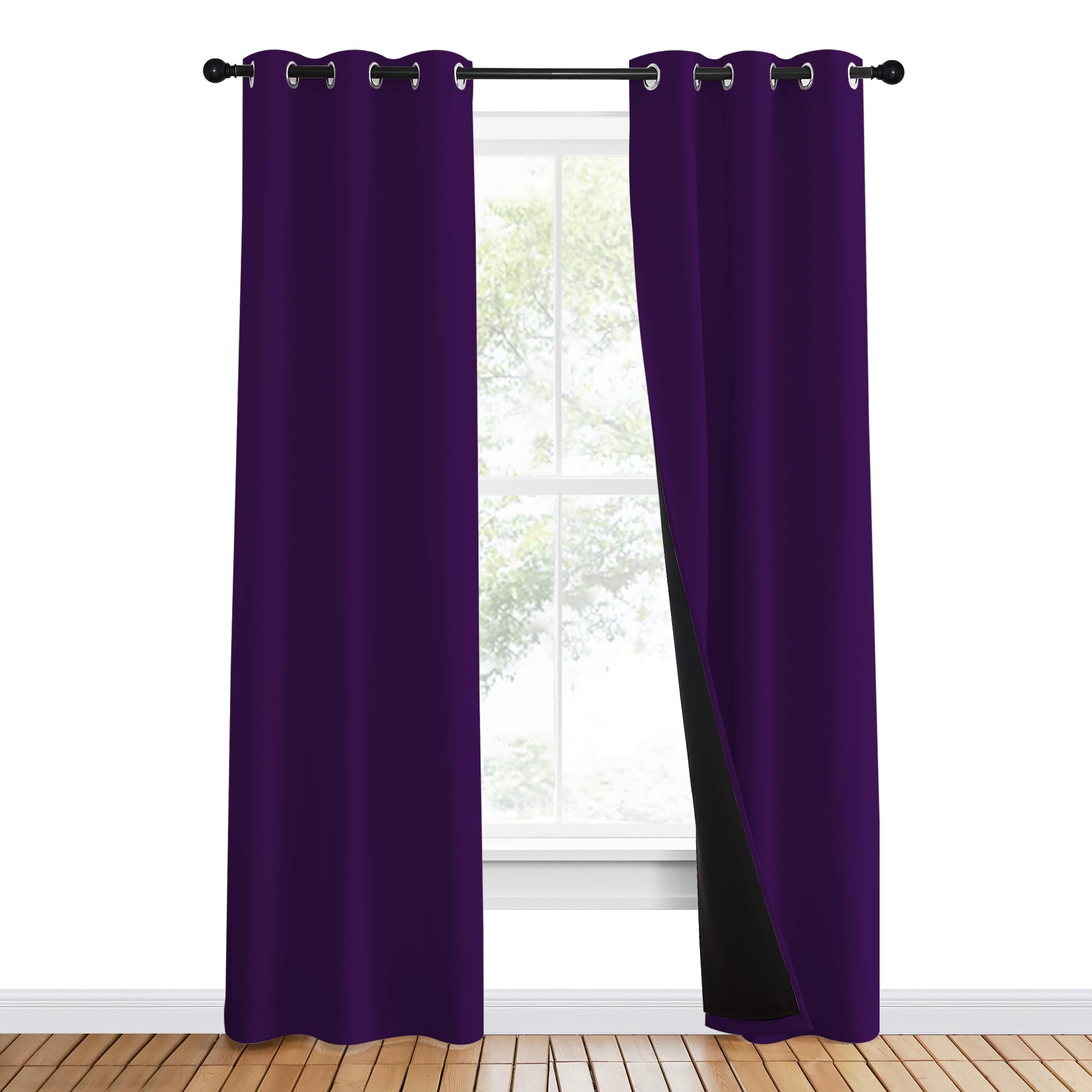 NICETOWN 100% Blackout Curtains with Black Liner Backing, Thermal Insulated Curtains for Living Room, Noise Reducing Drapes, Royal Purple, 37" Wide x 80" Long Per Panel, Set of 2 Panels