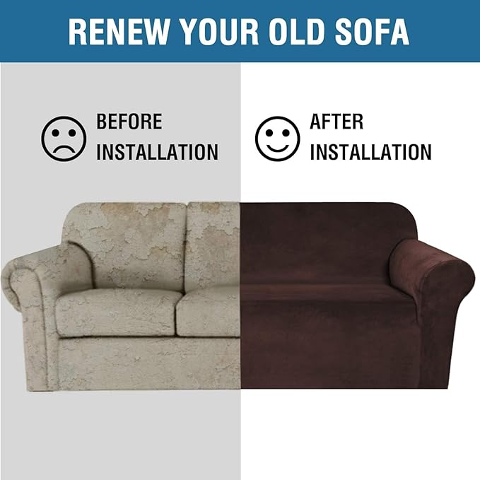 H.VERSAILTEX Stretch Velvet Sofa Covers for 3 Cushion Couch Covers Sofa Slipcovers Furniture Protector Soft with Non Slip Elastic Bottom, Crafted from Thick Comfy Rich Velour (Sofa 72'-90', Chocolate)