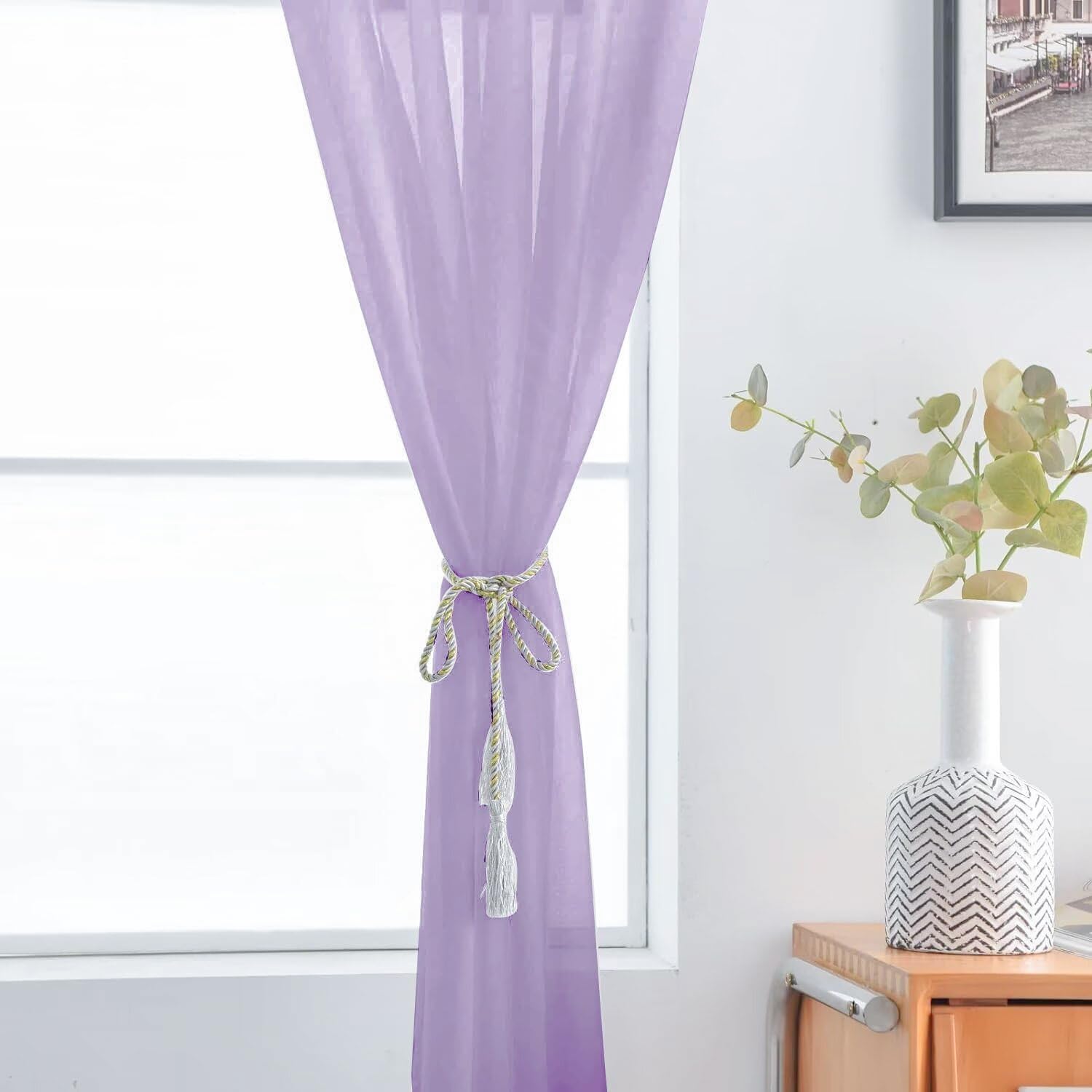 SpaceDresser Sheer Voile Window Treatment Rod Pocket Curtain Panels for Kitchen Bedroom Living Room Drapes Sunlight Filtering Privacy Semi Home Decor Assorted (Lavender, 52 W x 54 L)
