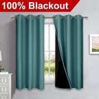 NICETOWN 100% Blackout Short Curtains with Black Liners, 2 Panels, 37" W by 60" L, Sea Teal, Solid Thermal Insulated Full Blackout 2-Layer Lined Drapes, Energy Efficiency Window Draperies for Bedroom