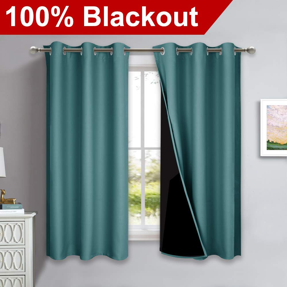 NICETOWN 100% Blackout Short Curtains with Black Liners, 2 Panels, 37" W by 63" L, Sea Teal, Solid Thermal Insulated Full Blackout 2-Layer Lined Drapes, Energy Efficiency Window Draperies for Bedroom