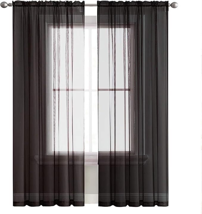 SpaceDresser Black Sheer Curtains 4 Panels Rod Pocket Semi-Sheer Curtain 72 Inches Long Light Filtering Voile Window Drapes for Bedroom Living Room Kitchen, Each 52W x 72L