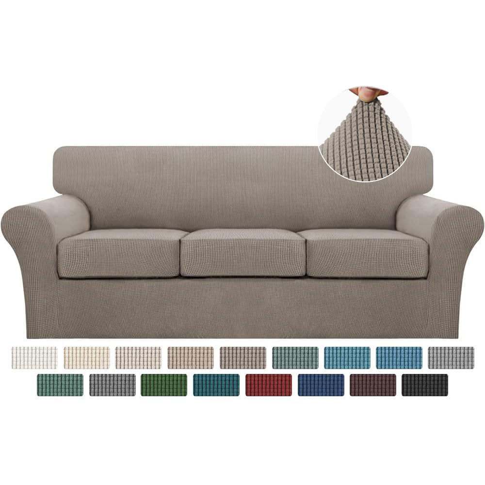 Turquoize 4 Piece Couch Covers for 3 Cushion Couch Sofa Pet Friendly Stretch Couch Cover for Dogs Washable Sofa Covers with Individual Couch Cushion Covers, Jacquard Fabric (3 Cushion Sofa, Taupe)
