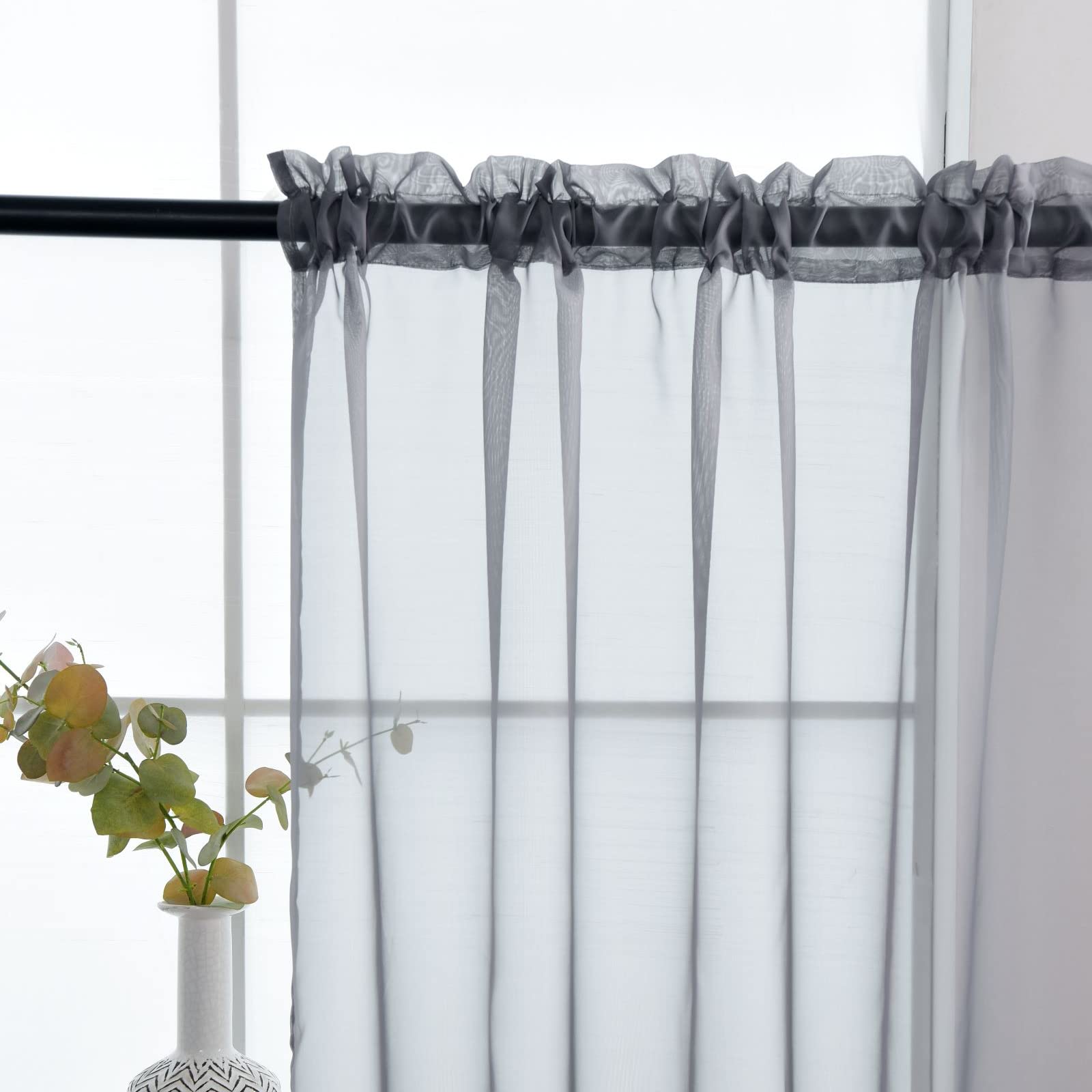 SpaceDresser Sheer Voile Window Treatment Rod Pocket Curtain Panels for Kitchen Bedroom Living Room Drapes Sunlight Filtering Privacy Semi Home Decor Assorted Colors Sizes (Grey, 52 W x 90 L)