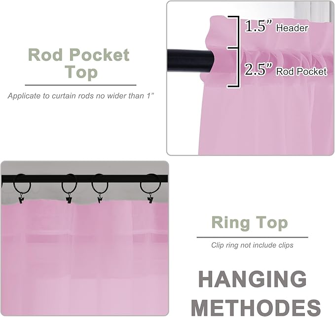 OWENIE Pink Sheer Curtains 72 Inches Long 2 Panels Set, Transparent Voile Sheer Curtain for Living Room Bedroom Window Sliding Glass Door Treatment, 59 x 72 Inch, Pink