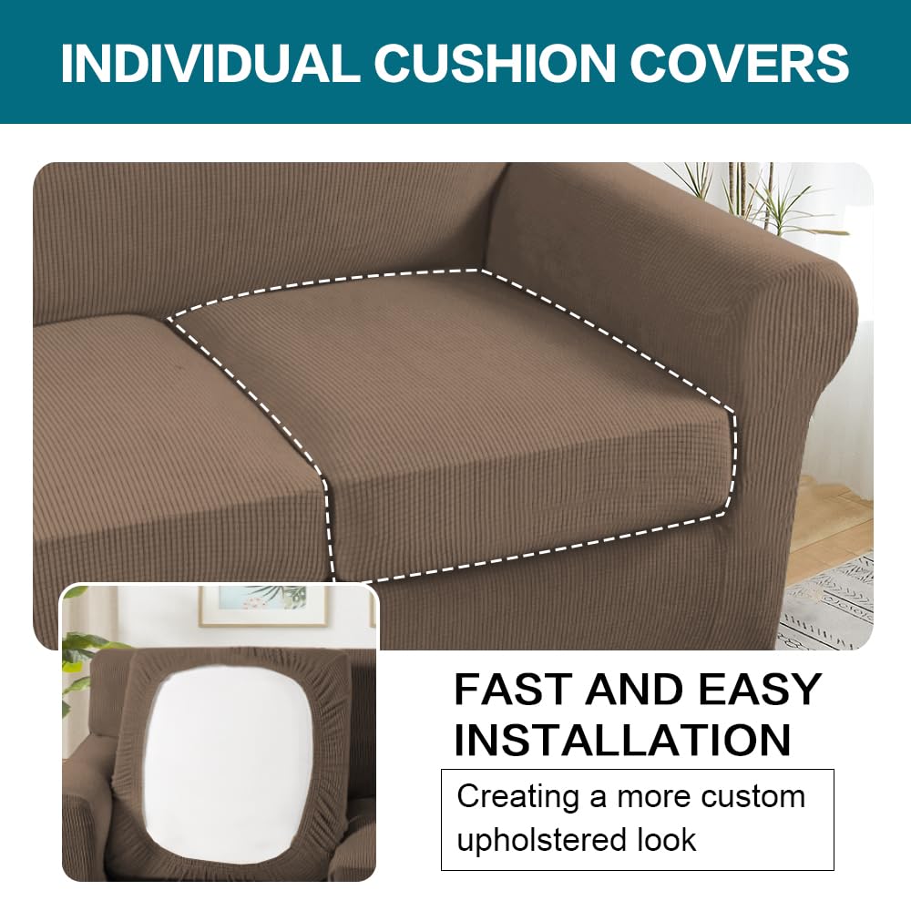 Turquoize 3 Piece Sofa Covers for 2 Cushion Couch Sofa Slipcover Soft Couch Cover for Dogs-Washable Sofa Furniture Cover with 2 Individual Cushion Covers, Feature Fabric (2 Cushion Sofa, Macchiato)
