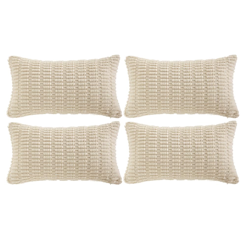 Fancy Homi 4 Packs Neutral Long Lumbar Decorative Throw Pillow Covers 12x24 Inch for Living Room Couch Bed, Boho Home Decor, Soft Striped Corduroy Rectangle Accent Beige Cushion Case 30x60 cm