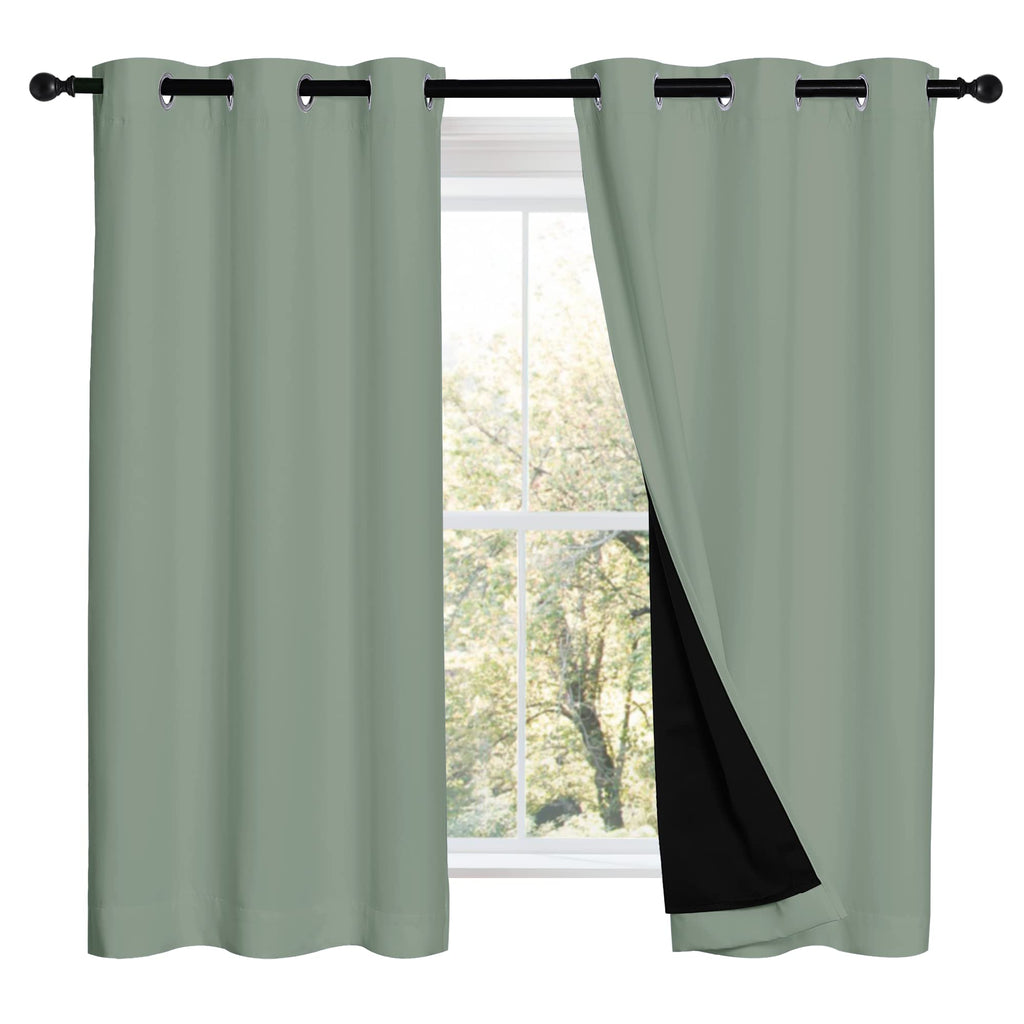 NICETOWN 100% Blackout Curtains 54 inches Long, Double-Deck Completely Blackout Window Treatment Thermal Insulated Lined Drapes for Small Window (Greyish Green, 1 Pair, 42 inches Width Each Panel)