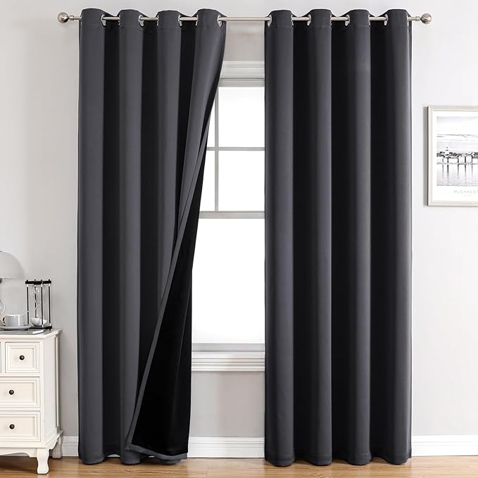 ChrisDowa 100% Blackout Curtains for Bedroom with Black Liner, 2 Thick Layers Total Blackout Thermal Insulated Grommet Window Curtains 84 Inch Long 2 Panels Set (Dark Grey, 52 x 84 Inch)