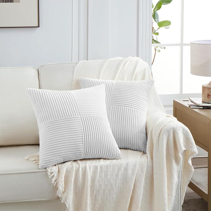 Fancy Homi 2 Packs White Samll Decorative Throw Pillow Covers 12x12 Inch with for Couch Bed Sofa, Rustic Farmhouse Boho Home Decor, Soft Corss Patchwork Corduroy Square Cushion Case 30x30 cm