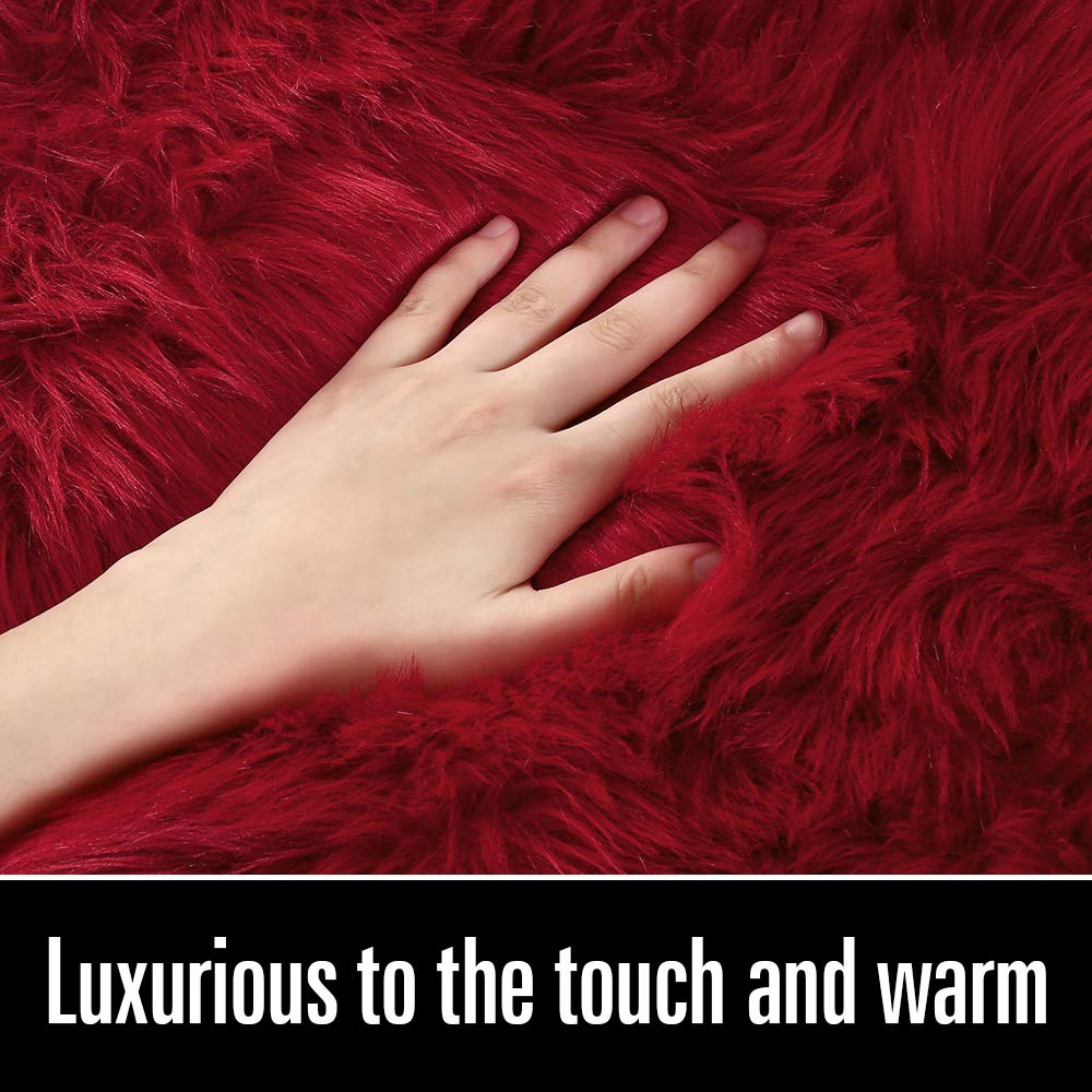 LOCHAS Soft Fluffy Faux Fur Rugs for Bedroom Bedside Rug 2x4 Feet, Red