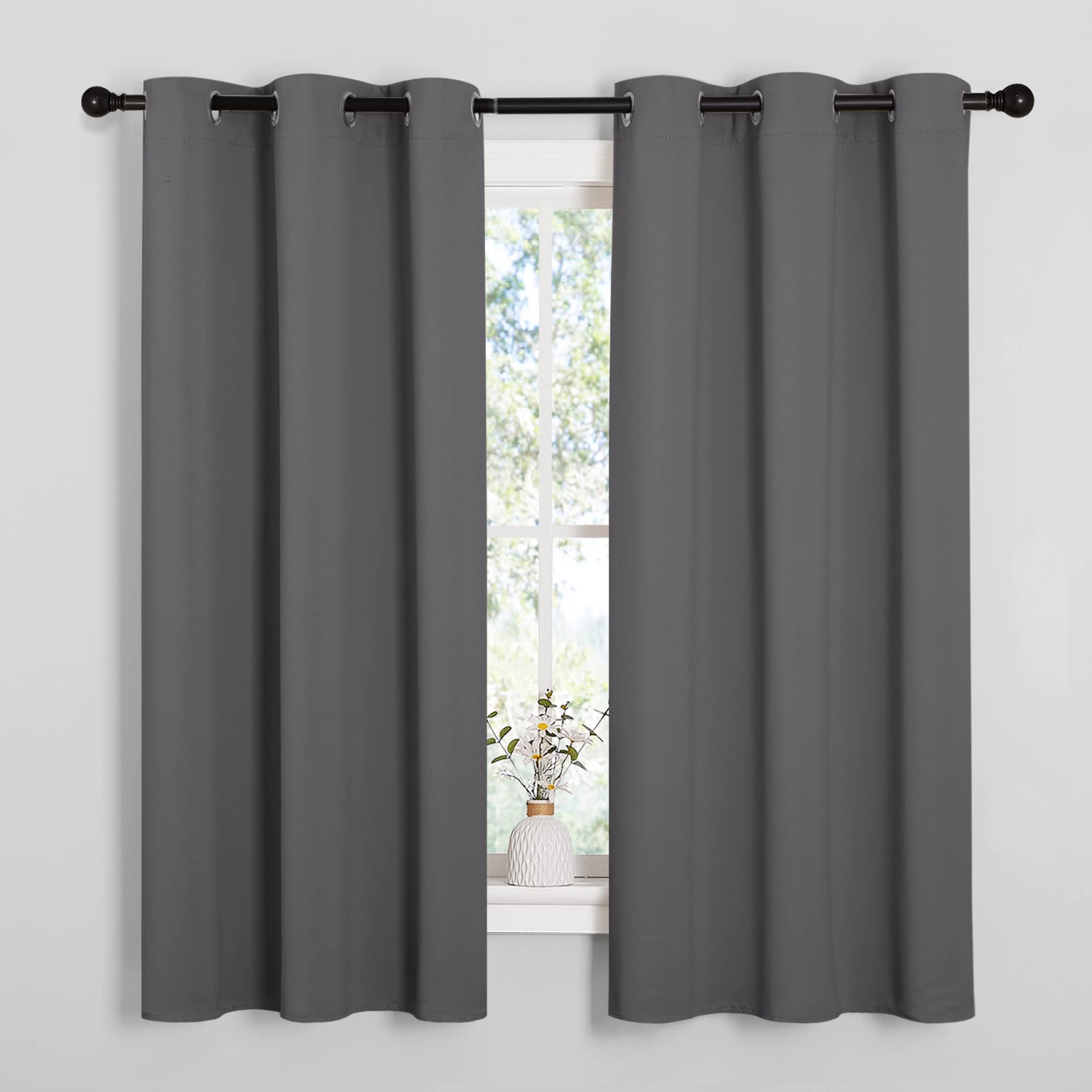 NICETOWN Bedroom Curtains Blackout Drapery Panels, Three Pass Microfiber Thermal Insulated Solid Ring Top Blackout Window Curtains/Drapes (Two Panels, 42 x 48 inches, Gray)