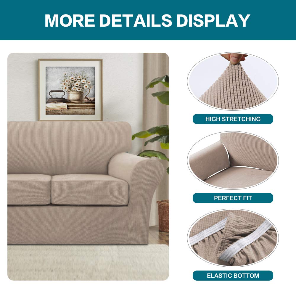 Turquoize 4 Piece Sofa Slipcover Sofa Covers for 3 Cushion Couch Soft Couch Cover for Dogs-Washable Sofa Furniture Covers with 3 Individual Cushion Covers,Feature Jacquard Fabric(3 Cushion Sofa, Sand)