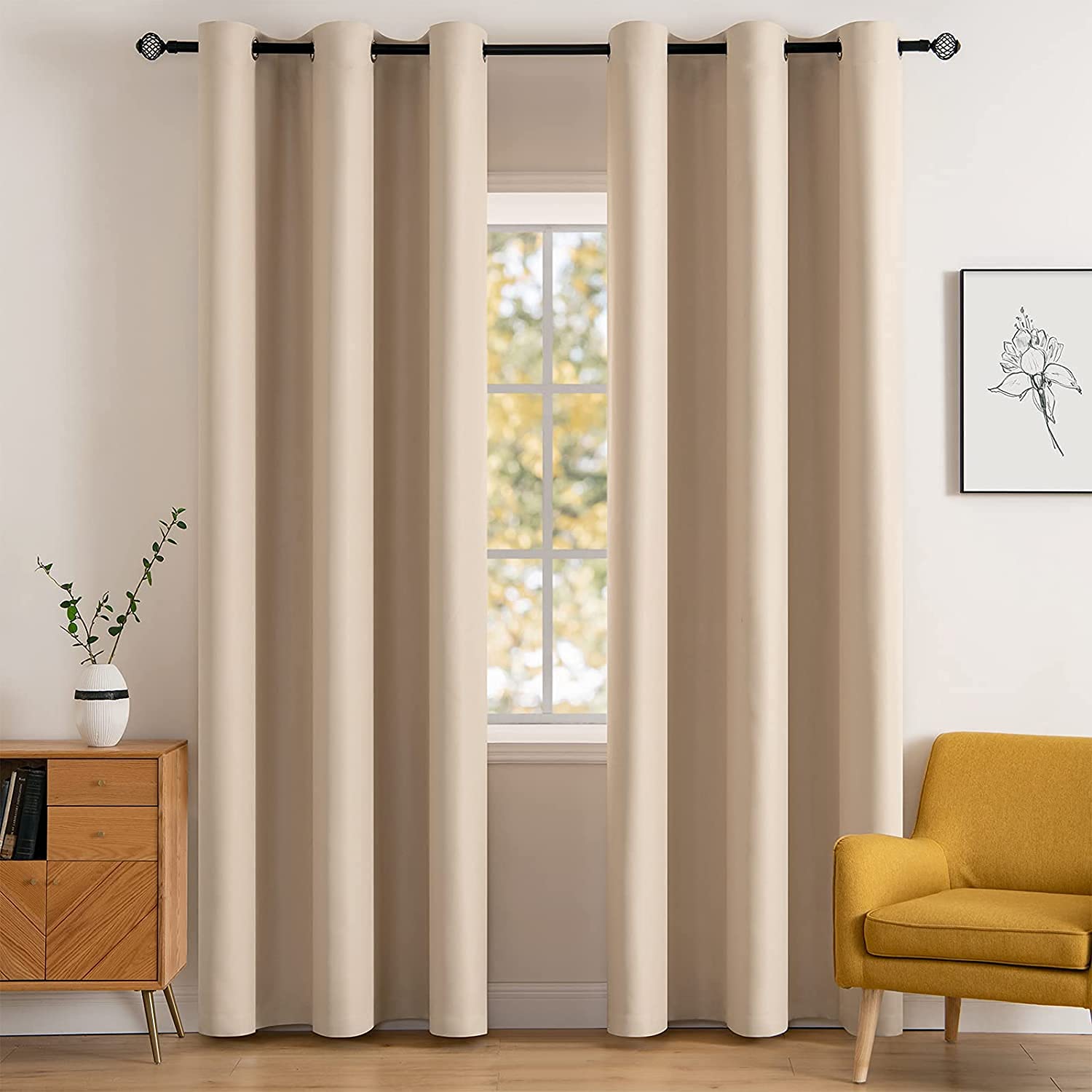 MIULEE Beige Blackout Bedroom Curtains 90 Inch Long Light Blocking