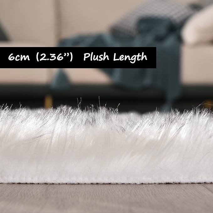 Goolela Fluffy Faux Fur Runner Rug 2x6 for Bedroom White with Grey Tips Faux Sheepskin Rug Bedside Dorm Washable Shaggy Plush Rectangle