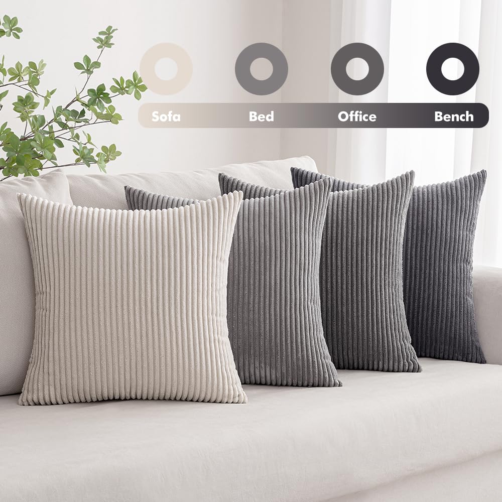 MIULEE Soft Corduroy Decorative Throw Pillow Covers Neutral Grey 18x18