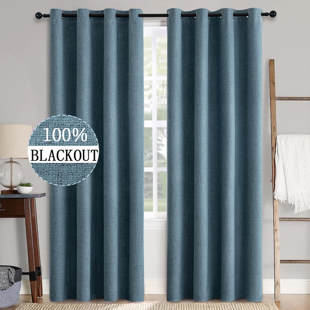 MIULEE 90 Inches Linen Texture Curtains for Bedroom 100% Blackout Thermal Insulated Dusty Blue Curtains Grommet Room Darkening Draperies Luxury Decor for Living Room Nursery 52x90 Inch (2 Panels)