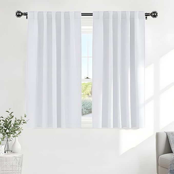 PONY DANCE White 50% Lighting Blocking Curtains for Bathroom, Short Non-See-Through Thermal Insulated Room Darkening Back Tab Small Drapes for Nursery Bedroom Window, W34 x L45, Pure White, 2 Panels