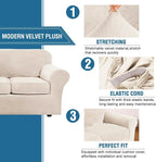 H.VERSAILTEX Modern Velvet Plush 4 Piece High Stretch Sofa Slipcover Sofa Cover Furniture Protector Form Fit Thick Velvet Sofa Cover for 3 Cushion Couch Width Up to 90 Inch (Sofa, Cream)