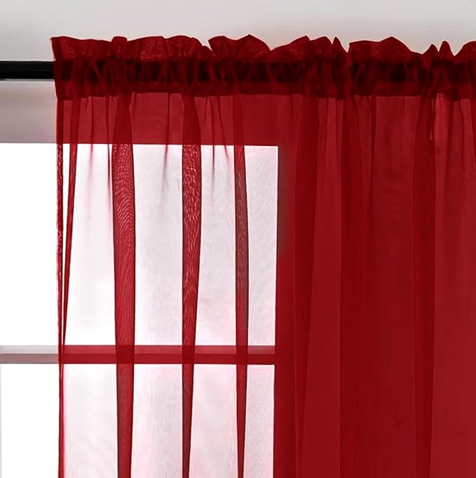 SpaceDresser Christmas Red Sheer Curtains 4 Panels Rod Pocket Semi-Sheer Curtain 63 Inches Long Light Filtering Voile Window Drapes for Bedroom Living Room Kitchen, Each 52W x 63L
