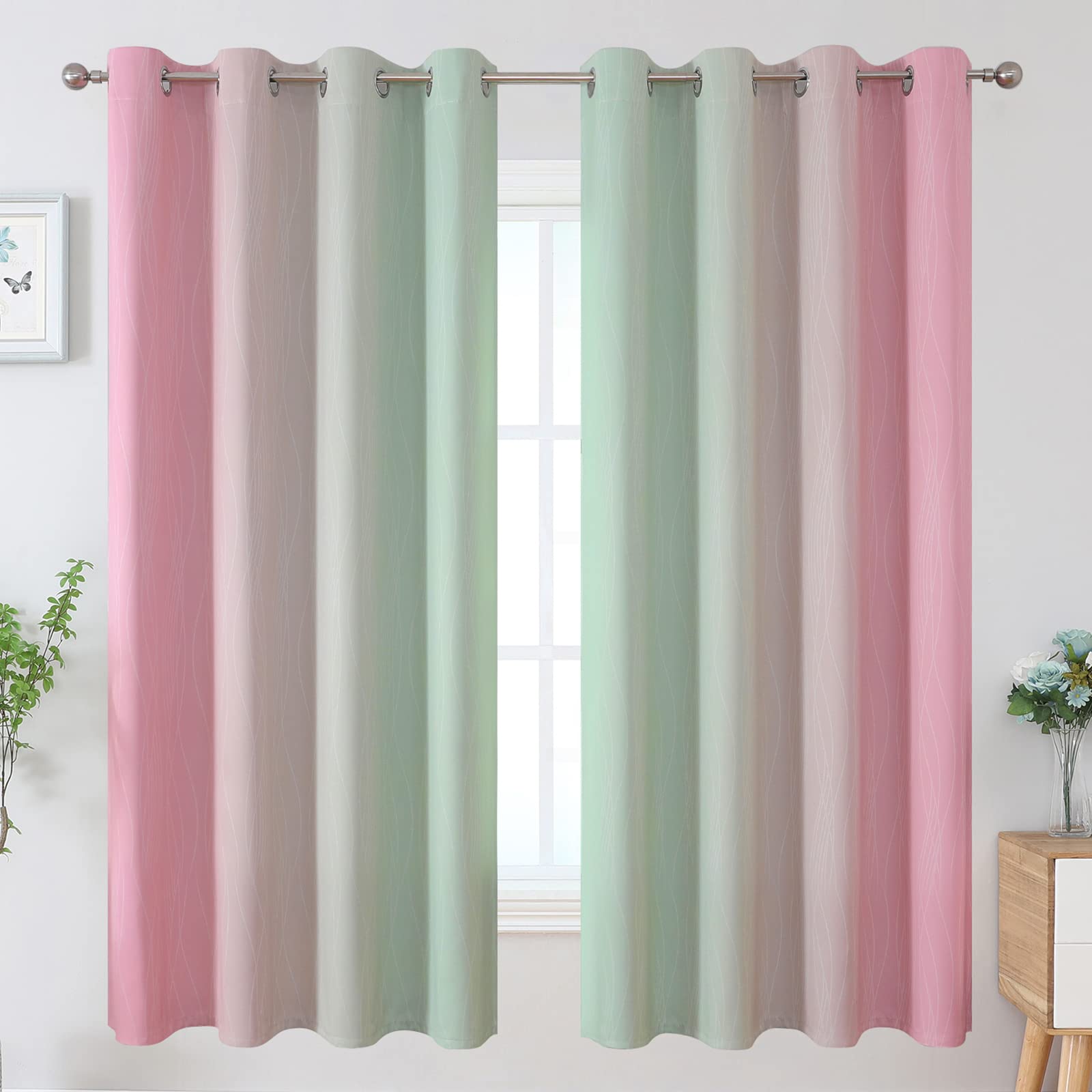 Estelar Textiler Sage Green and Pink Ombre Blackout Curtains for Bedroom