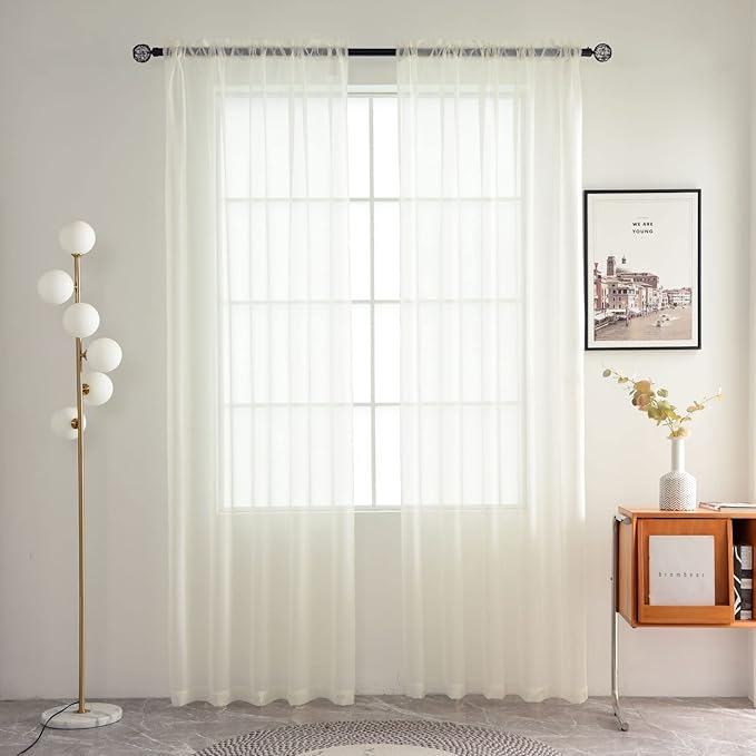SpaceDresser Basic Rod Pocket Sheer Voile Window Curtain Panels White 1 Pair 2 Panels 42 Width 45 Inch Long for Kitchen Bedroom Children Living Room Yard(Ivory,42 W x 45 L)
