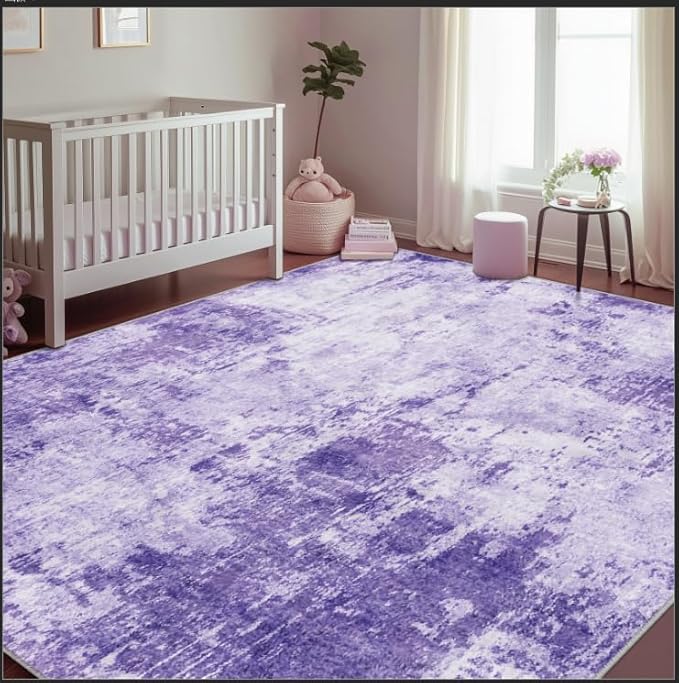 Washable Area Rugs Square 8ft Non-Slip Modern Abstract Soft for Living Room Entryway Bedroom Nursery, Print Pattern, Purple Gray Pink White