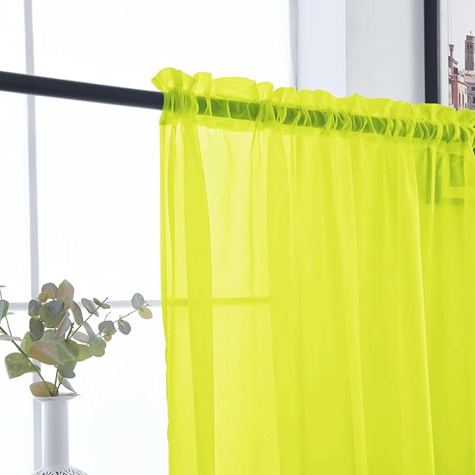 SpaceDresser Basic Rod Pocket Sheer Voile Window Curtain Panels Chartreuse 1 Pair 2 Panels 52 Width 96 Inch Long for Kitchen Bedroom Children Living Room Yard（Chartreuse, 52W x 96L）