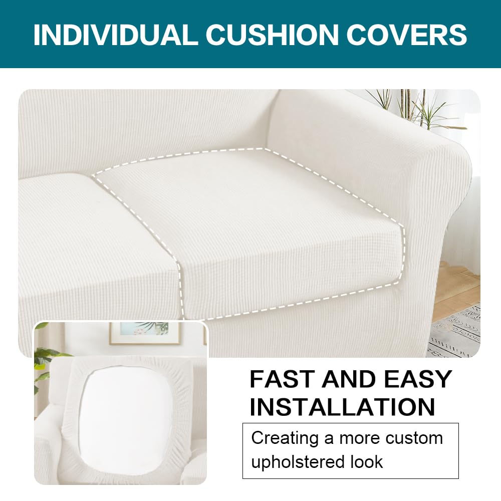 Turquoize 3 Piece Sofa Covers for 2 Cushion Couch Sofa Slipcover Soft Couch Cover for Dogs-Washable Sofa Furniture Cover with 2 Individual Cushion Covers, Jacquard Fabric (Loveseat, Porcelain White)