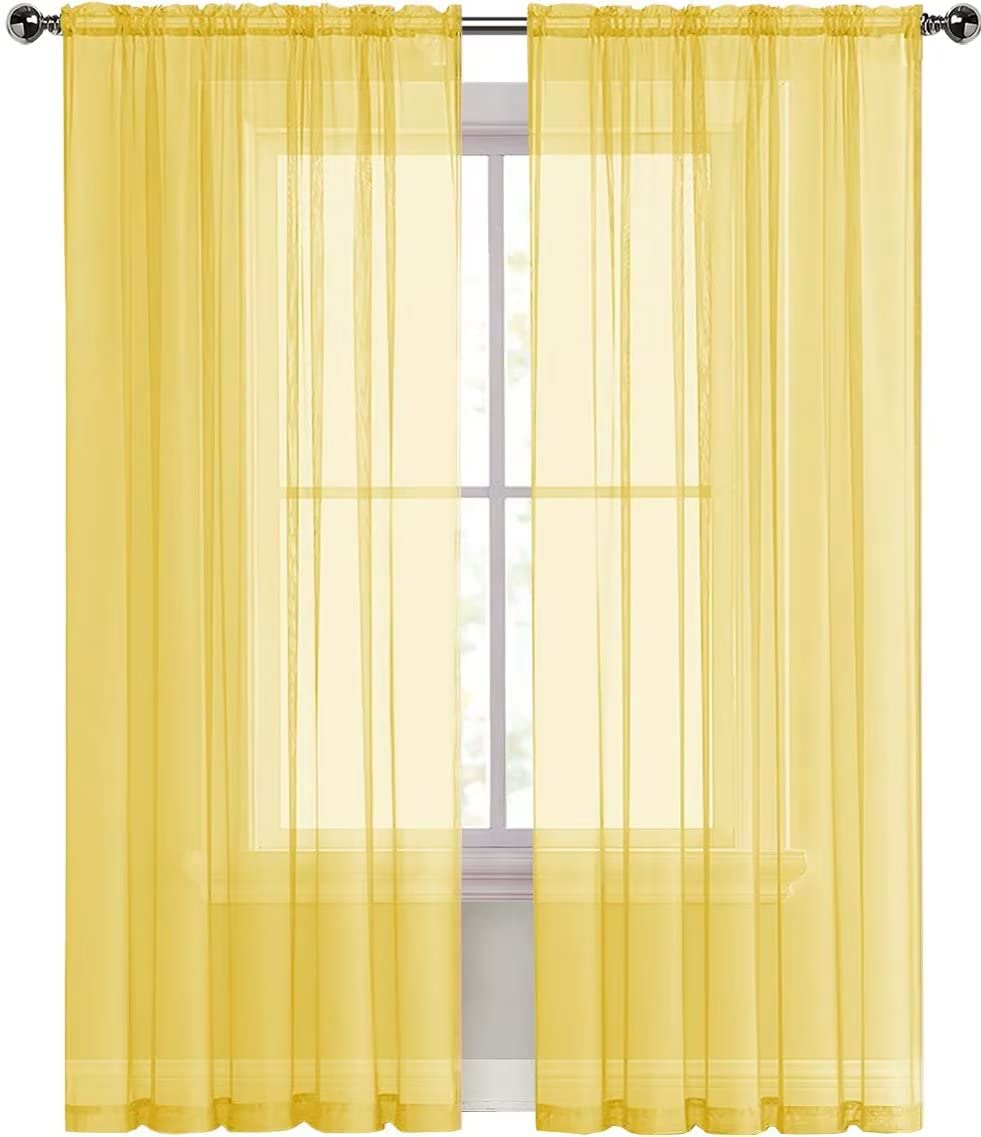 SpaceDresser Sheer Voile Window Treatment Rod Pocket Curtain Panels for Kitchen Bedroom Living Room Drapes Sunlight Filtering Privacy Semi Home Decor Assorted Colors Sizes (Yellow, 52 W x 72 L)