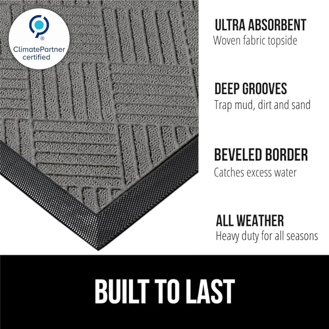 GORILLA GRIP 100% Waterproof All-Season WeatherMAX Doormat 35x23, US Designed Natural Rubber, Stain and Fade Resistant, Low Profile Indoor Outdoor Door Mats, Easy Clean Patio Mat, Gray Diamond