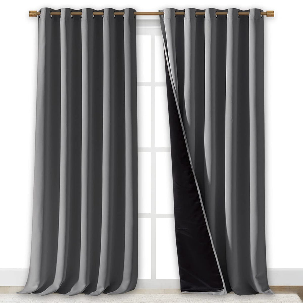 NICETOWN Total Shade Curtains and Draperies, Heavy-Duty Full Light Shading Drapes with Black Liner Backing for Villa/Hall/Dorm Window（Gray, Package of 2 Panels, 70 inches Wide x 95 inches Long