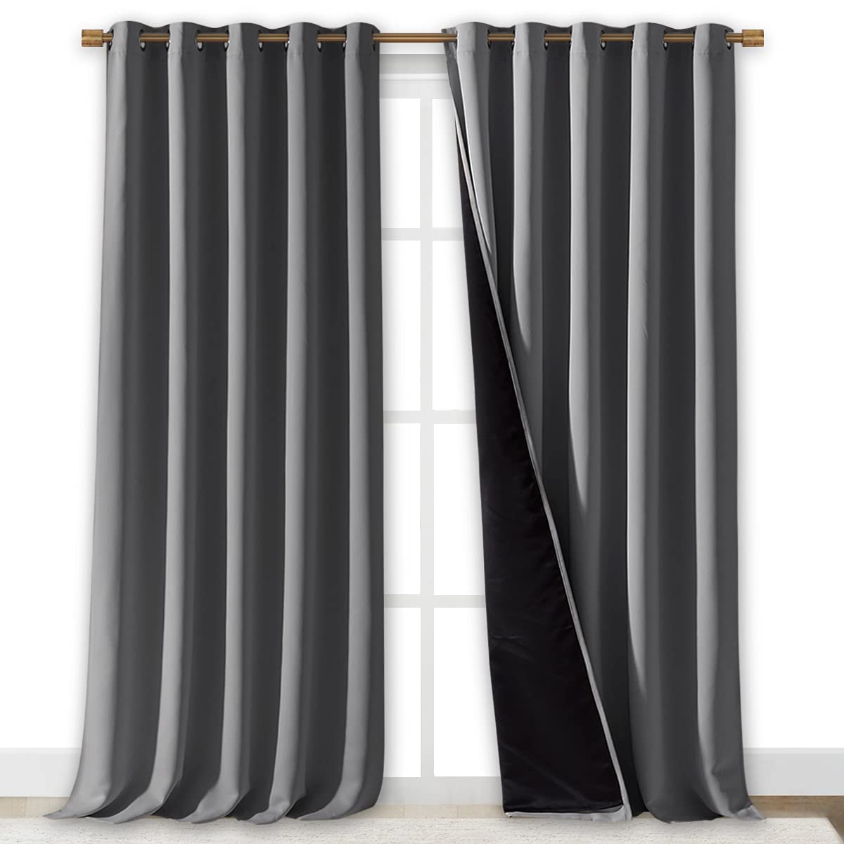 NICETOWN Total Shade Curtains and Draperies, Heavy-Duty Full Light Shading Drapes with Black Liner Backing for Villa/Hall/Dorm Window（Gray, Package of 2 Panels, 70 inches Wide x 95 inches Long